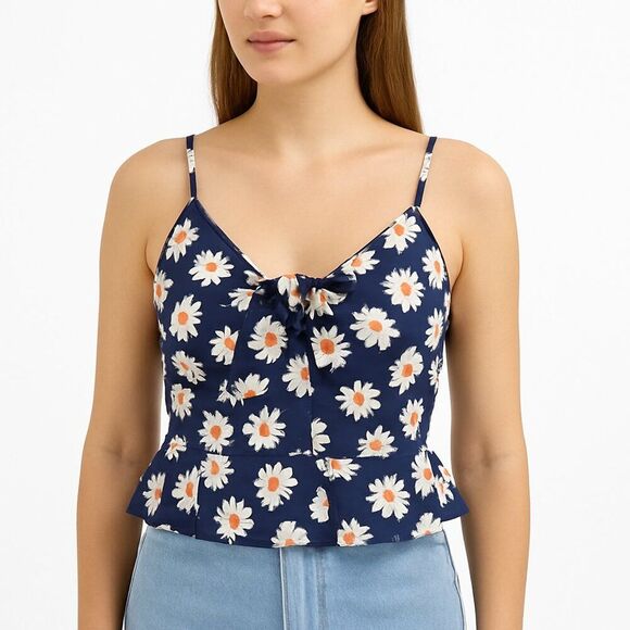 idem ditto Black Daisy Crop Top | Smocked Peplum Adjust. Straps Bow Tie | Size S - Picture 1 of 13